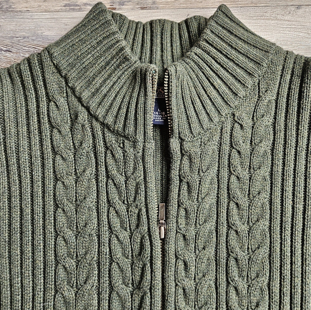 Land's End 90s Y2K Style Zip Front Cardigan Sweater Cable Knit Army Green Large - Picture 7 of 13